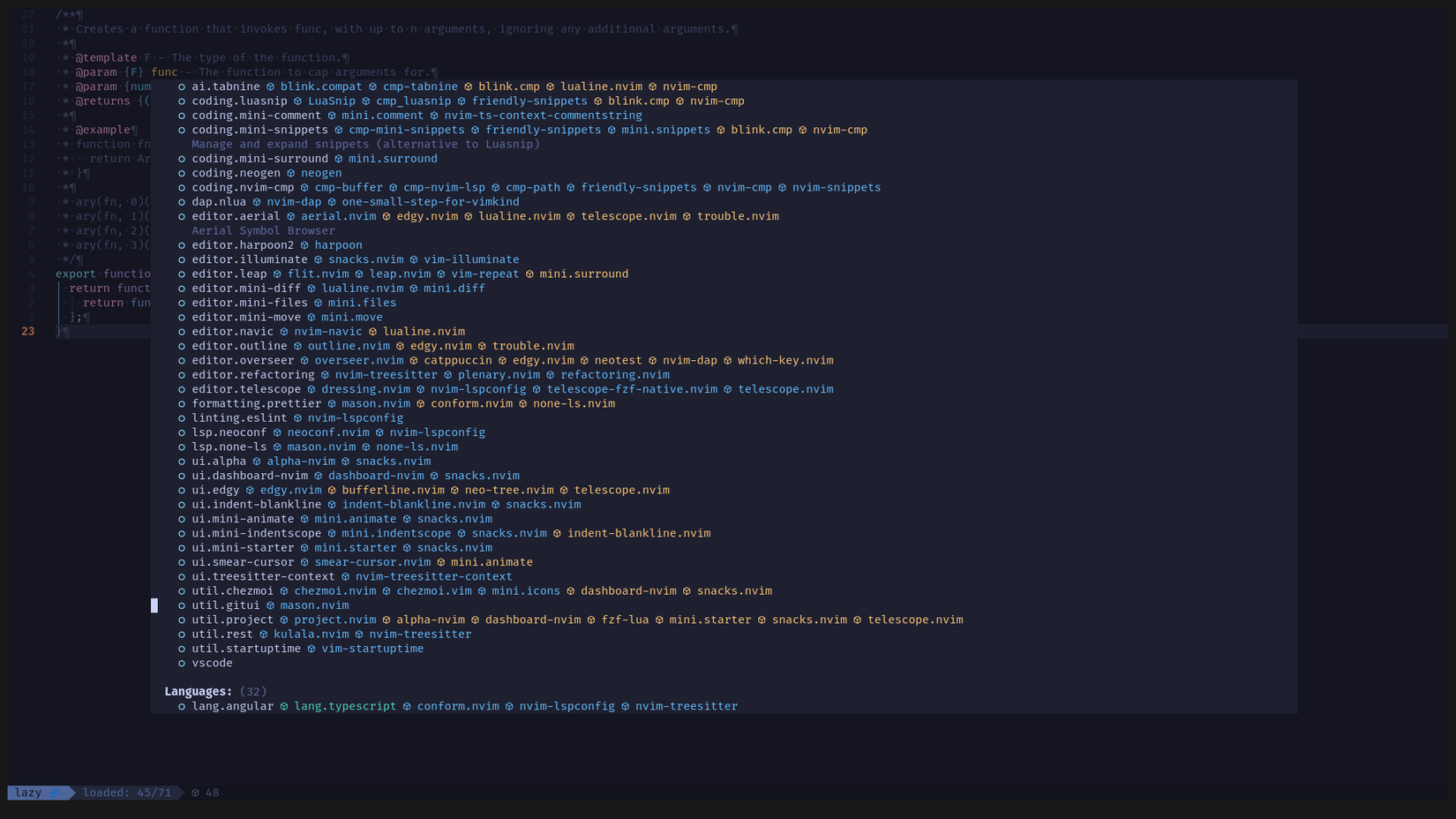 Uma janela do Neovim exibe uma subjanela menor. Ele apresenta 30 extras, cada um em uma linha separada. Cada extra tem um nome, com uma lista de pacotes exibida ao lado.