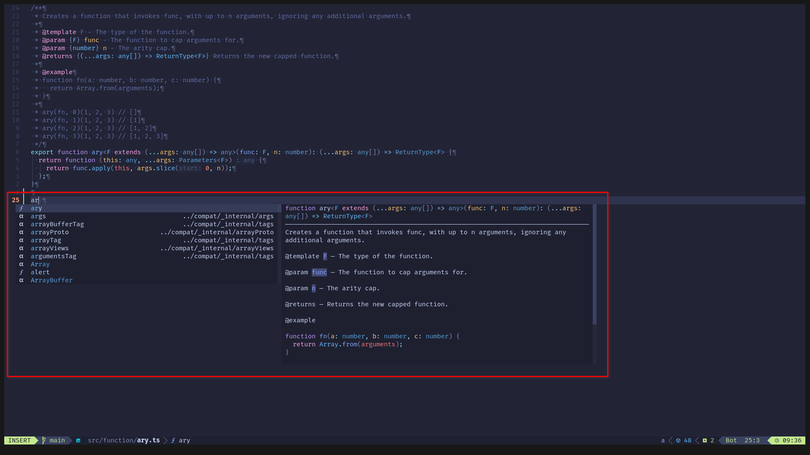 Uma janela do Neovim exibe algum código. Um menu de conclusão de código é aberto. Mostra várias opções. Há outro pequeno painel próximo ao menu. Ele exibe a documentação do código do item de menu selecionado.
