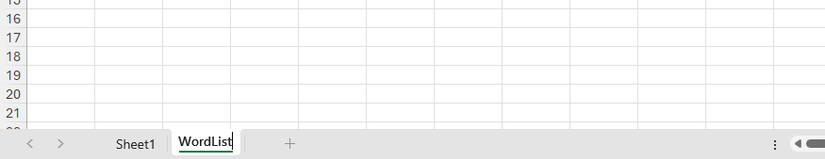 A new Excel worksheet is added to the current workbook and called WordList.