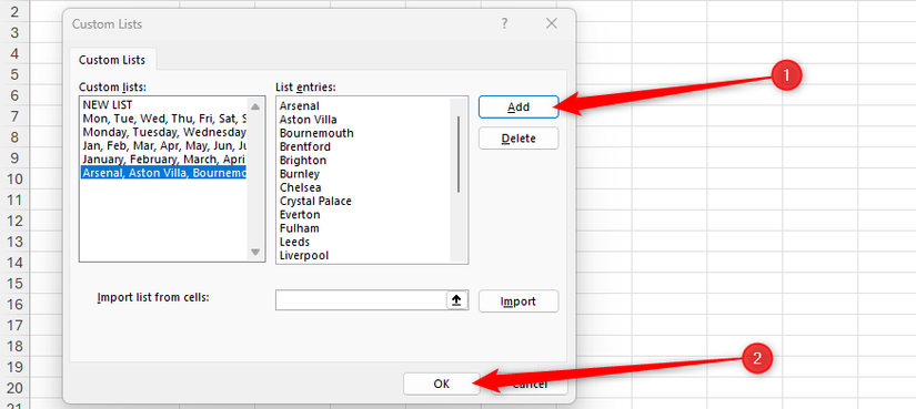 A new list entry is typed into the Custom Lists dialog box in Excel, and the Add and OK buttons are highlighted.