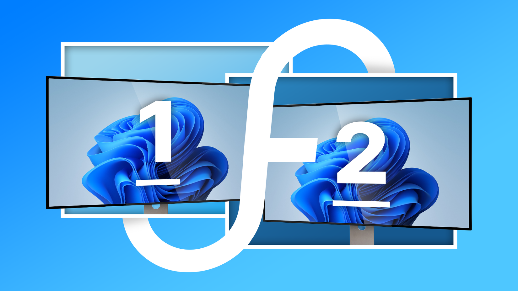 A pair of dual monitors labeled '1' and '2' displaying Windows wallpapers, with a large DisplayFusion 'F' symbol overlapping both screens.