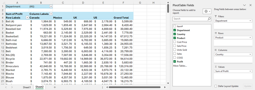Uma tabela dinâmica é criada no Microsoft Excel e o painel Campos da tabela dinâmica correspondente é exibido à direita.