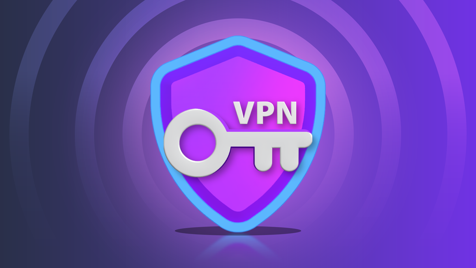 A purple shield with a key symbol and the letters 'VPN' on top, set against a purple gradient background.