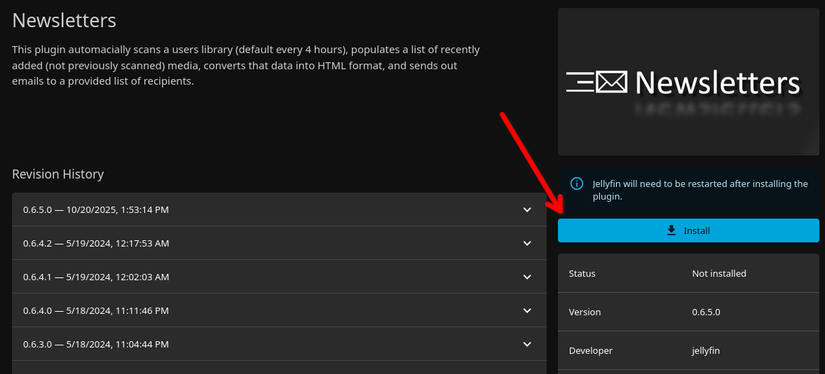 A red arrow pointing to the Install button on the Jellyfin Newsletters plugin page.