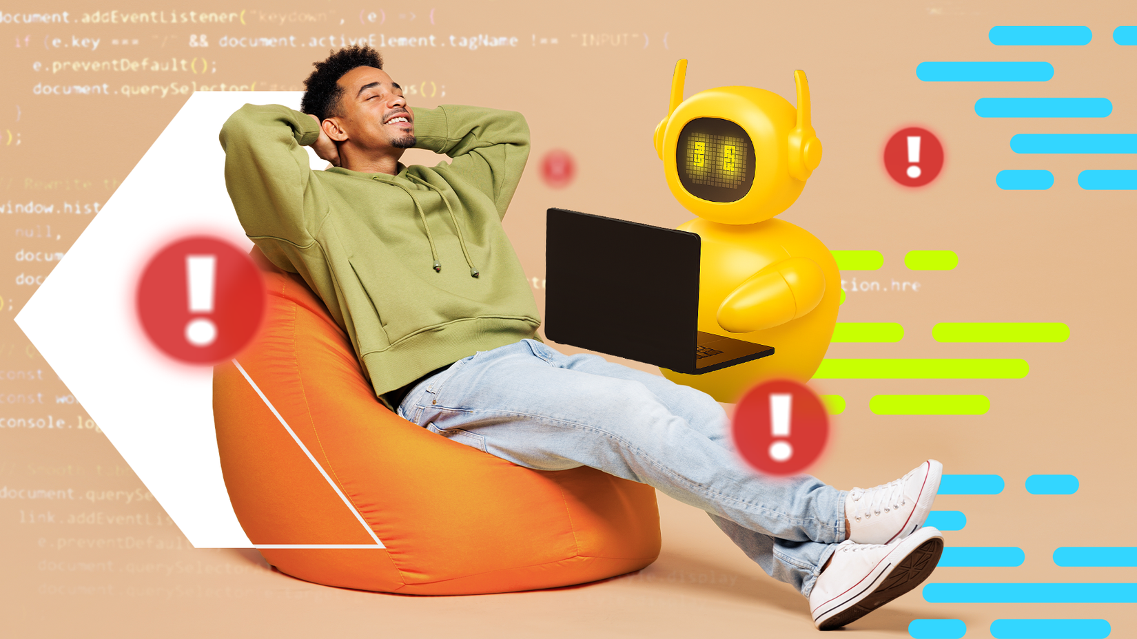 A relaxed man lounging on an orange beanbag watches as a friendly yellow robot works on a laptop for him, while multiple red exclamation-mark warning icons float around them.
