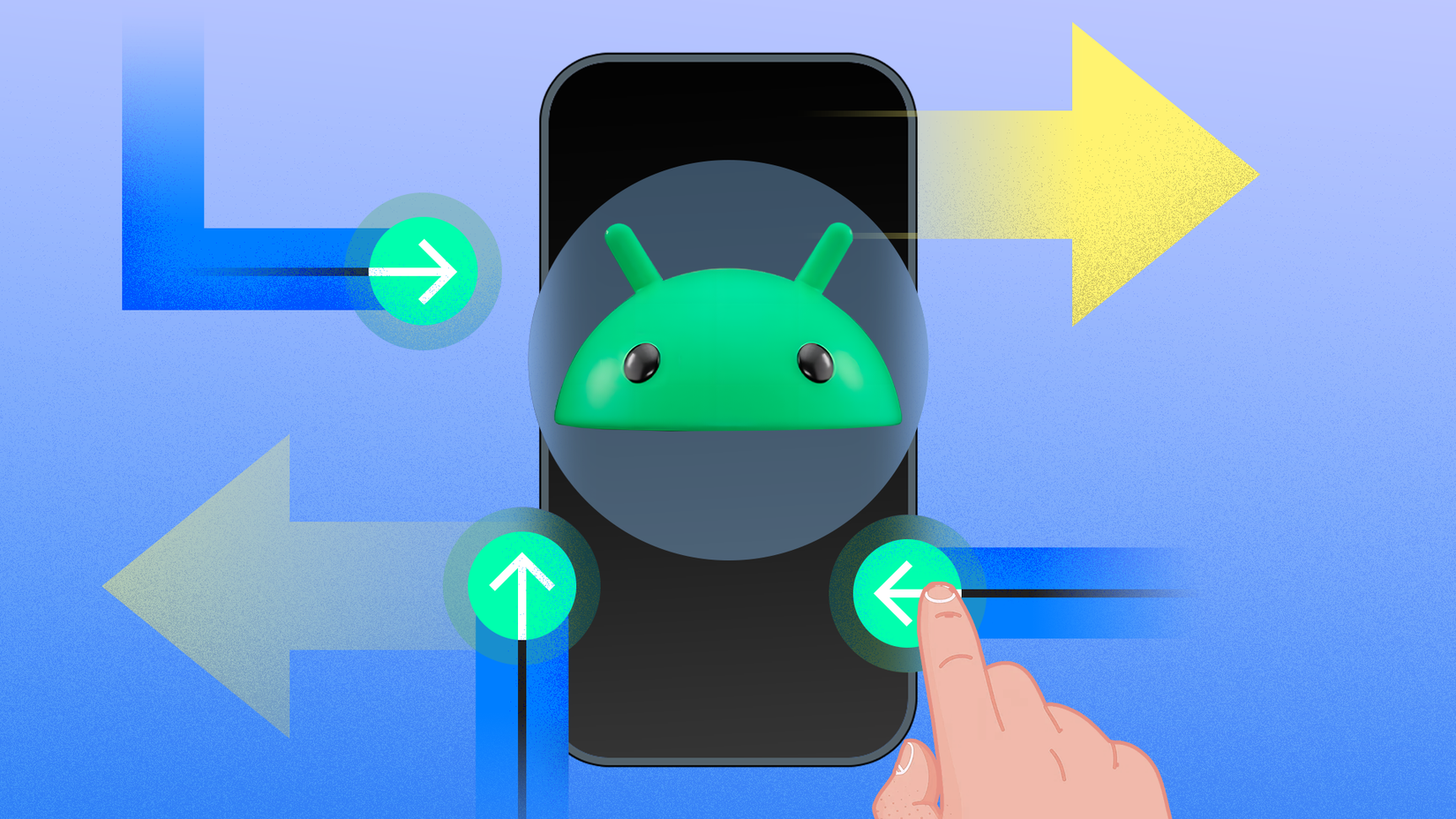 A smartphone with the Android mascot centered on the screen, surrounded by colorful directional arrows indicating swipe gestures.