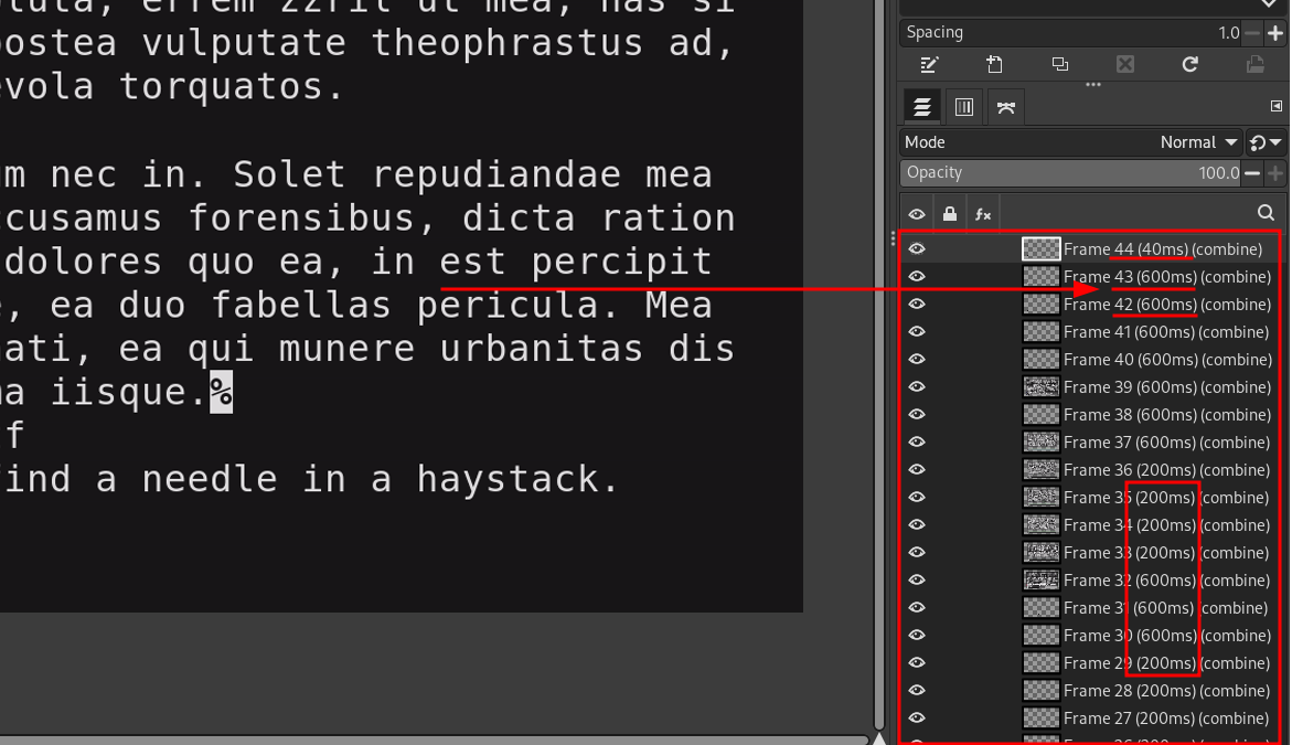 A snippet of the layers pane in Gimp shows that an optimised gif has 44 frames, with each frame delay varying between 40ms, 200ms, and 600ms.