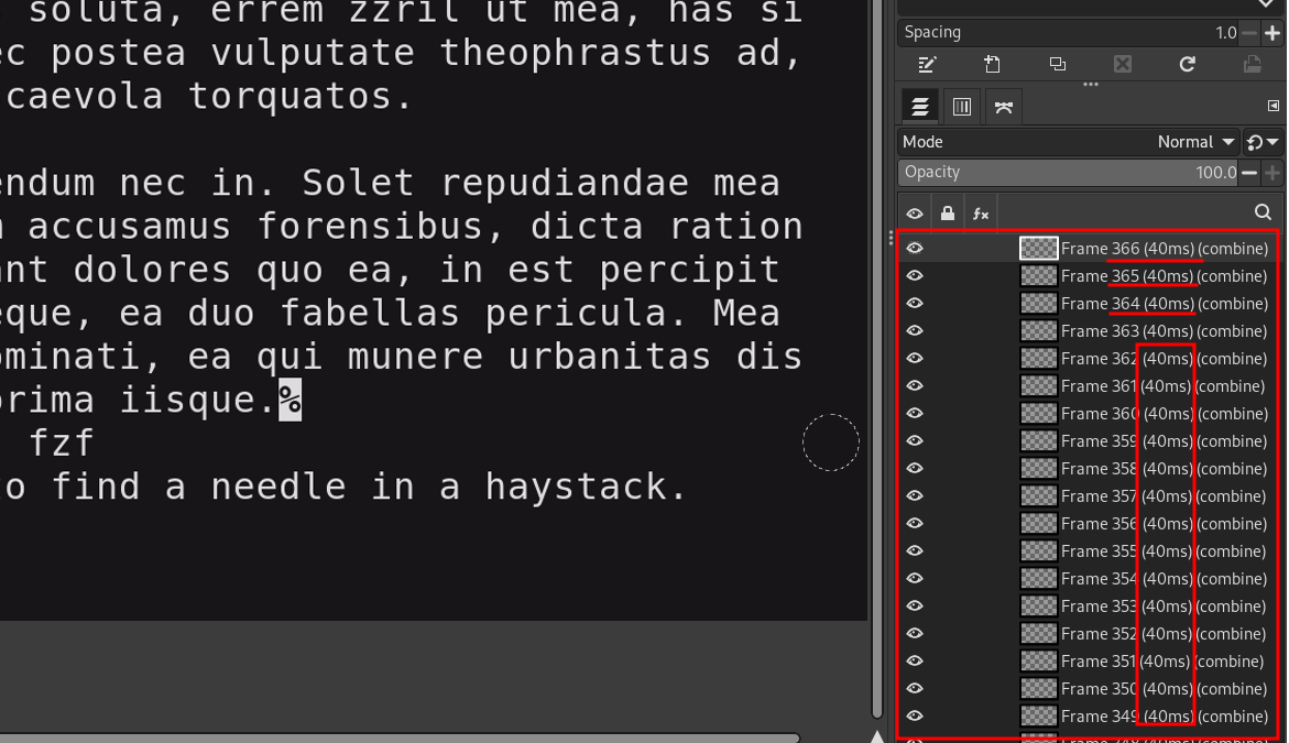 A snippet of the layers pane in Gimp shows that an unoptimised gif has 366 frames, with each frame delay set to 40ms.