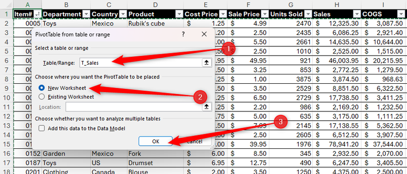 Uma tabela chamada T_Sales é selecionada como fonte de dados para uma tabela dinâmica na caixa de diálogo Tabela dinâmica de tabela ou intervalo do Excel e Nova planilha é marcada.