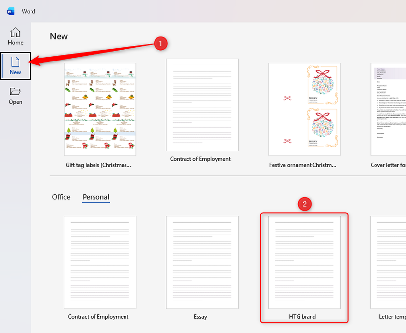 A template named HTG Brand is selected in the New tab of the Microsoft Word welcome screen.