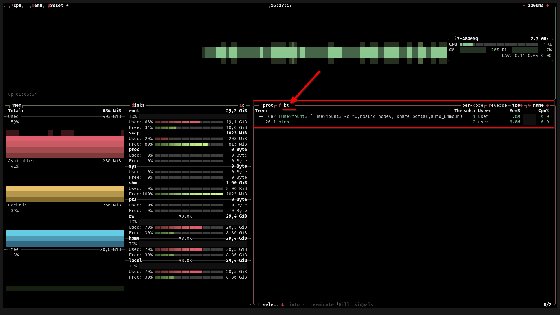 A terminal window displays a b-top++ window. The screen is split into three sections. The section at the bottom right side of the screen is the process view, which is filtered for the term: b-top.