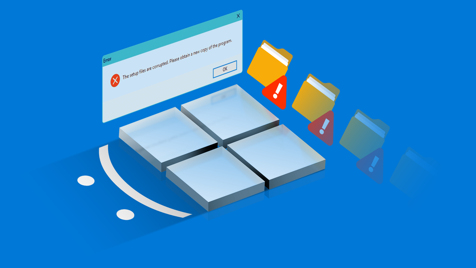 A Windows logo on a blue background with corrupted file folders marked with warning symbols and a pop-up error message.