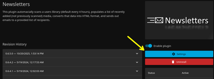A yellow arrow pointing to the Settings button on the Newsletters Jellyfin plugin page.