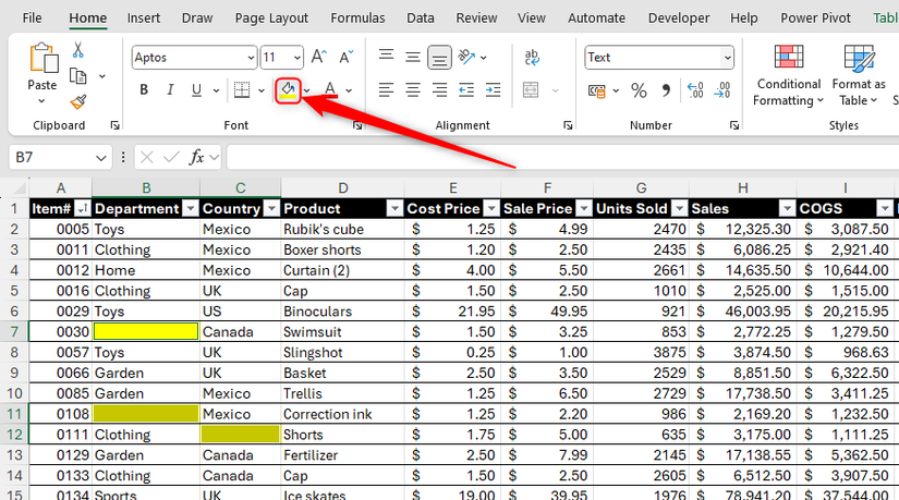 Um preenchimento amarelo é aplicado às células em branco em um conjunto de dados do Excel.