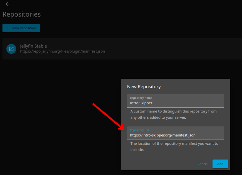 Adicionando o repositório Intro Skipper ao Jellyfin.