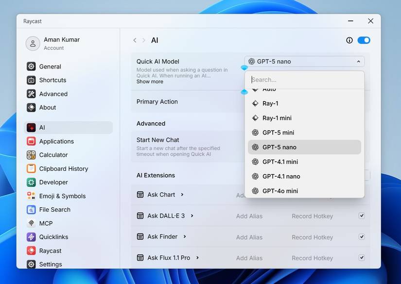 AI settings window in Raycast.