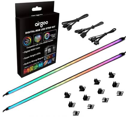 Airgoo PC LED light strip, pack of two, alongside various connectors.