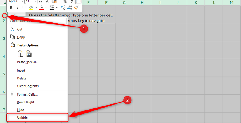 All cells in an Excel worksheet are selected, and the Unhide button in the right-click row heading menu is selected.