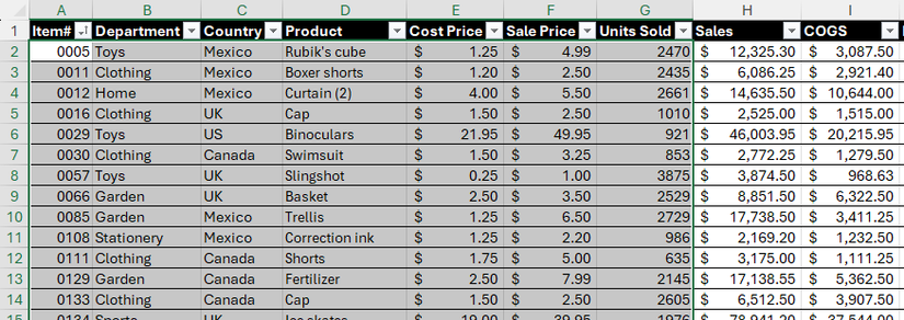 Todas as constantes em uma tabela do Excel são selecionadas.