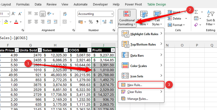 All the cells in column J of an Excel spreadsheet, except the first cell, are selected, and New Rule in the Conditional Formatting drop-down menu is highlighted.