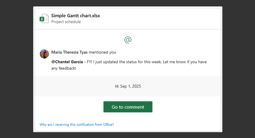 An email notification from Microsoft Excel that informs the recipient that they have been mentioned in a comment.