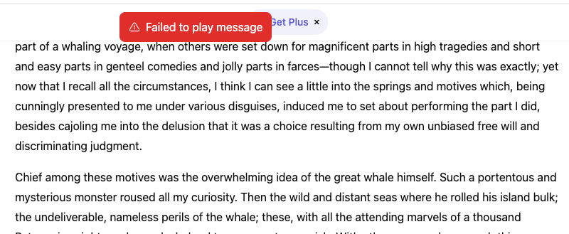 An error message reading Failed to play message in ChatGPT in a browser.