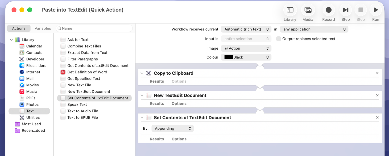 An example of a Service in Automator.