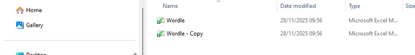 An Excel file called Wordle and a copy of the same file in a Windows 11 file explorer folder.