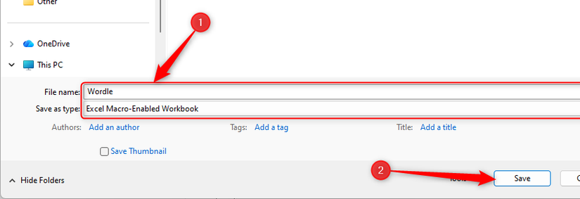 An Excel file named Wordle is saved as a Macro-Enabled Workbook.