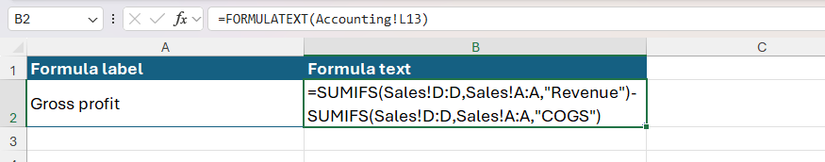 An Excel worksheet containing a key formula library, with a gross profit formula copied using the FORMULATEXT function.