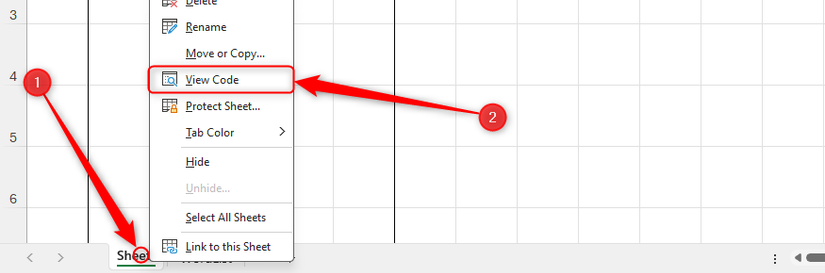 An Excel worksheet tab's right-click menu is expanded, and View Code is selected.