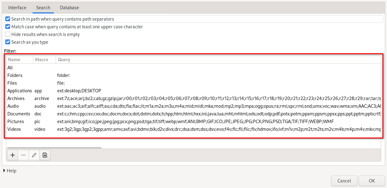 An FSearch settings window is displayed, which shows a table of file class names and their associated file types. Each file class has dozens of associated file types.