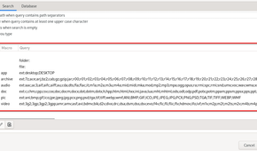 An FSearch settings window is displayed, which shows a table of file class names and their associated file types. Each file class has dozens of associated file types.