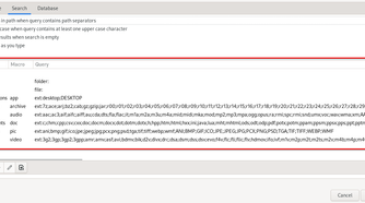 An FSearch settings window is displayed, which shows a table of file class names and their associated file types. Each file class has dozens of associated file types.