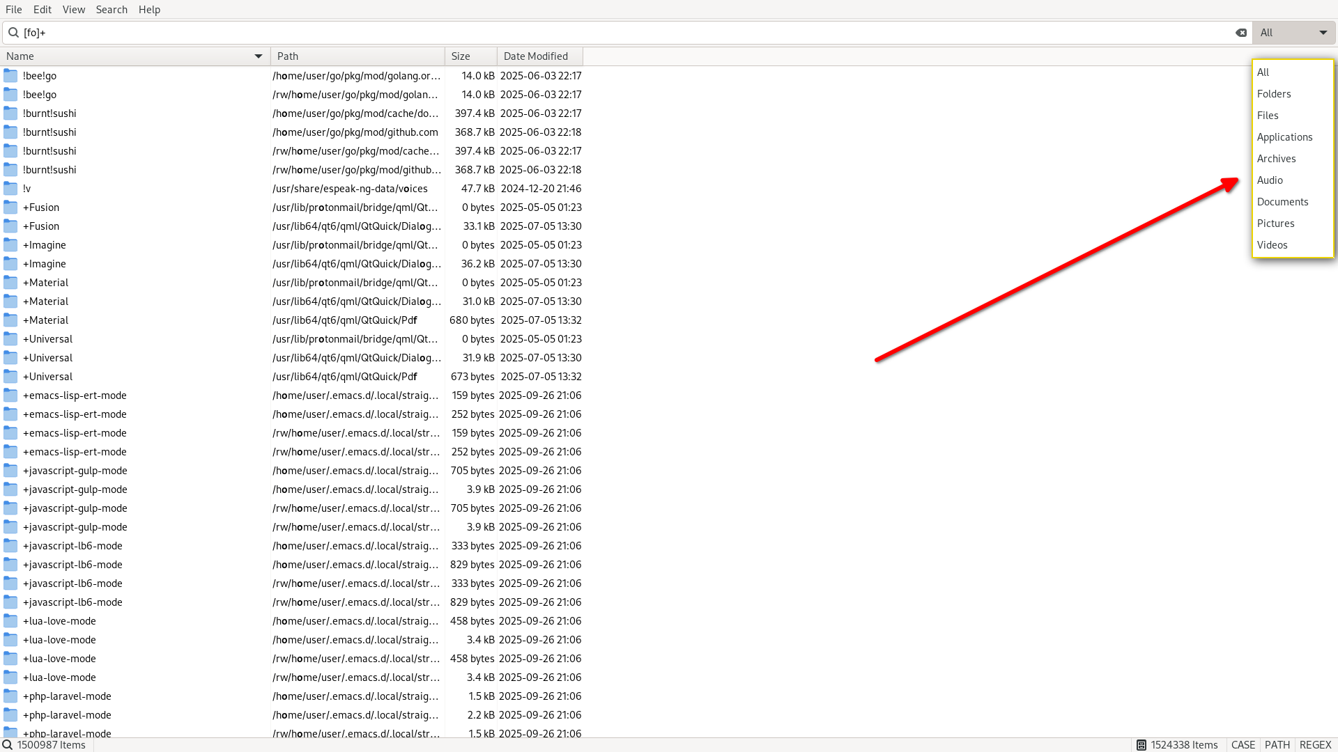 An FSearch window is displayed, and a red arrow points to the top right corner, where a drop-down list displays file class options.