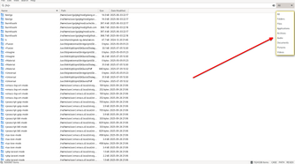 An FSearch window is displayed, and a red arrow points to the top right corner, where a drop-down list displays file class options.
