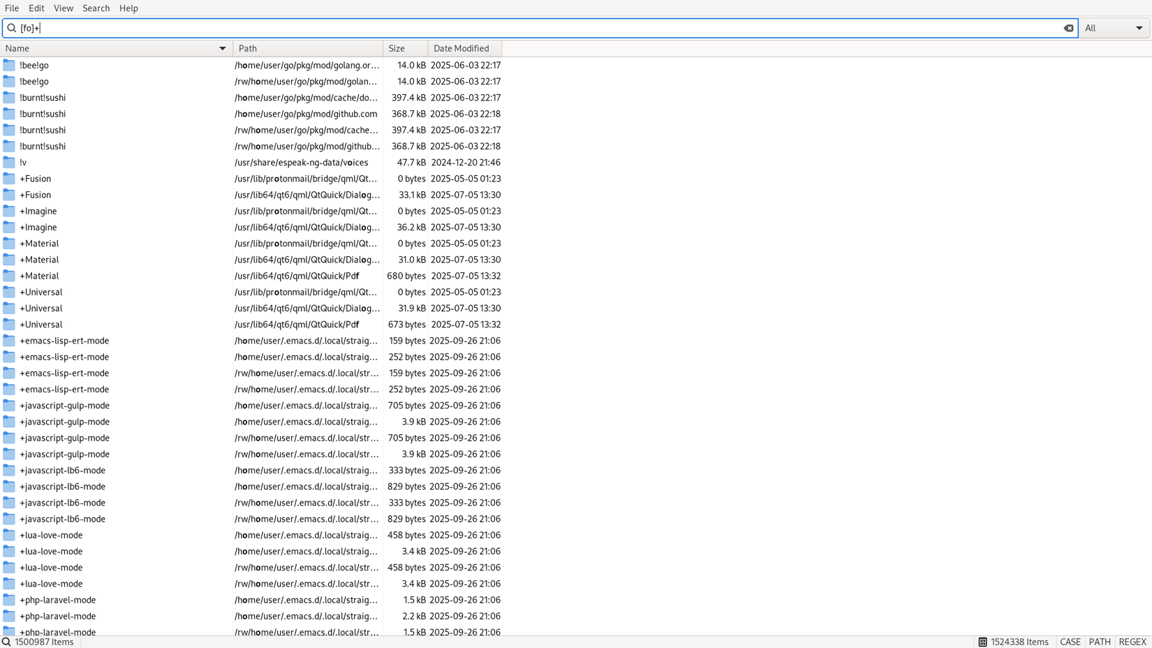 An FSearch window shows a query and dozens of results.