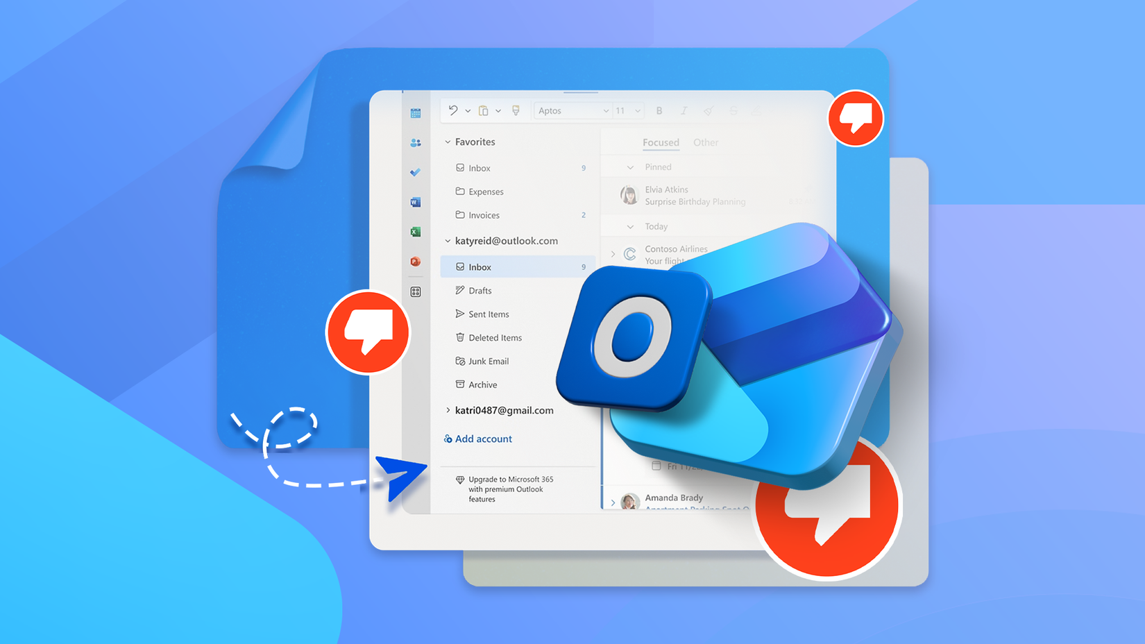 An illustration of the New Outlook interface with the Outlook logo and multiple thumbs-down icons.