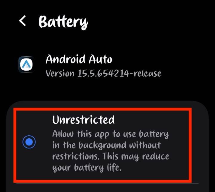 Android Auto battery options.