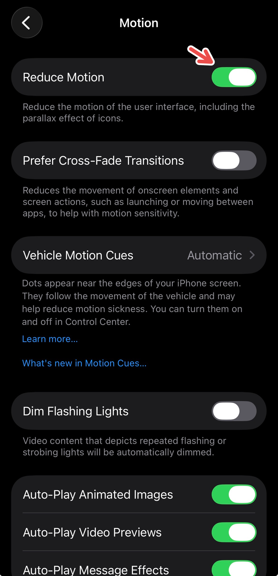 A screenshot on an iPhone showing a red arrow pointing to Reduce Motion.
