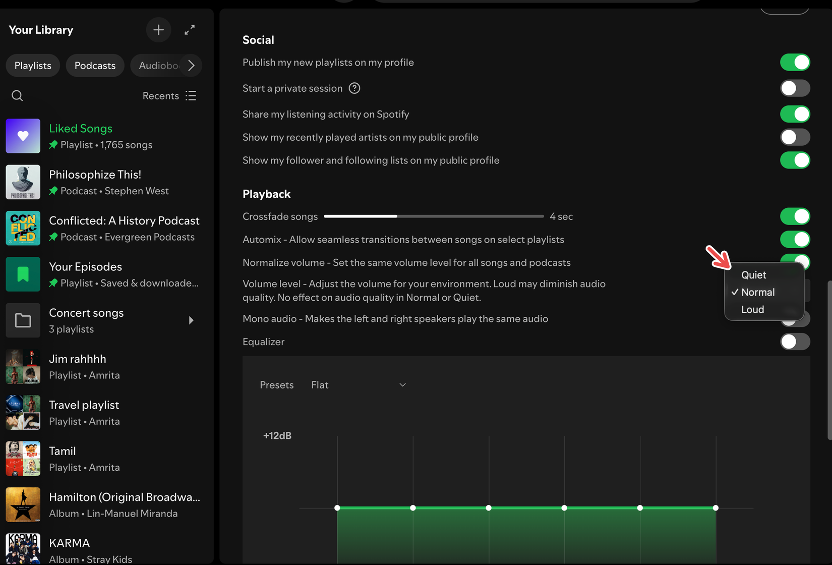 Adjusting volume levels on the Spotify desktop app.