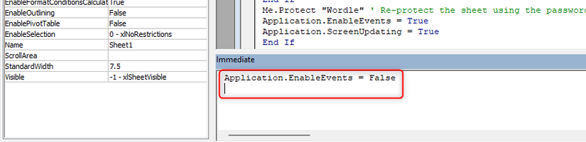 Application.EnableEvents = False is typed into Excel's VBA Immediate Window.