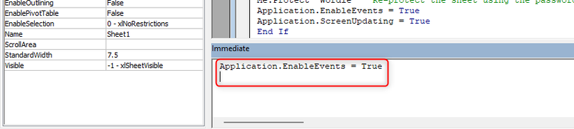 Application.EnableEvents = True is typed into Excel's VBA Immediate Window.