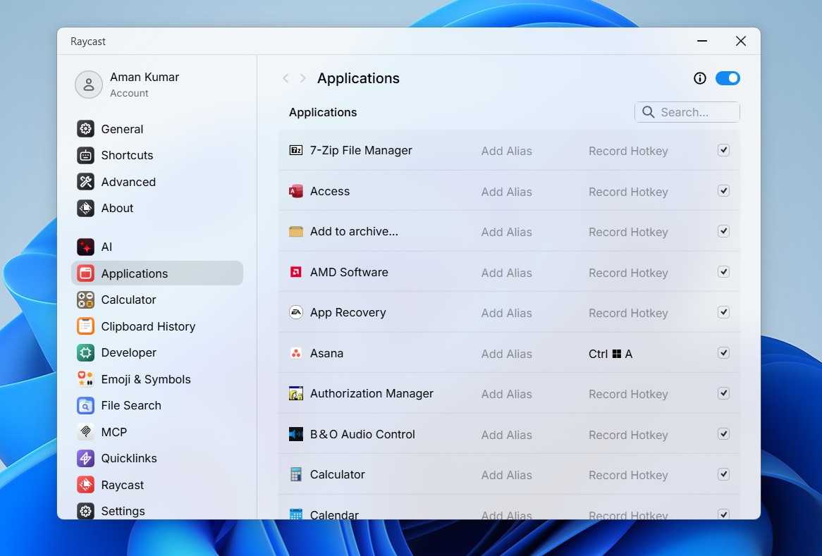 Applications option in Raycast.