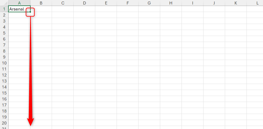 Arsenal is typed into cell A1 in an Excel sheet, and the fill handle is selected to be clicked and dragged to cell A20.
