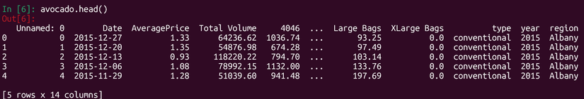 Examining the first few lines of the avocado dataset with pandas.