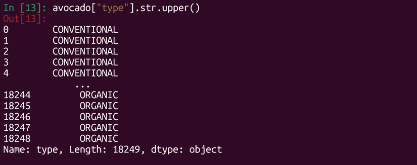 pandas string method uppercase output.