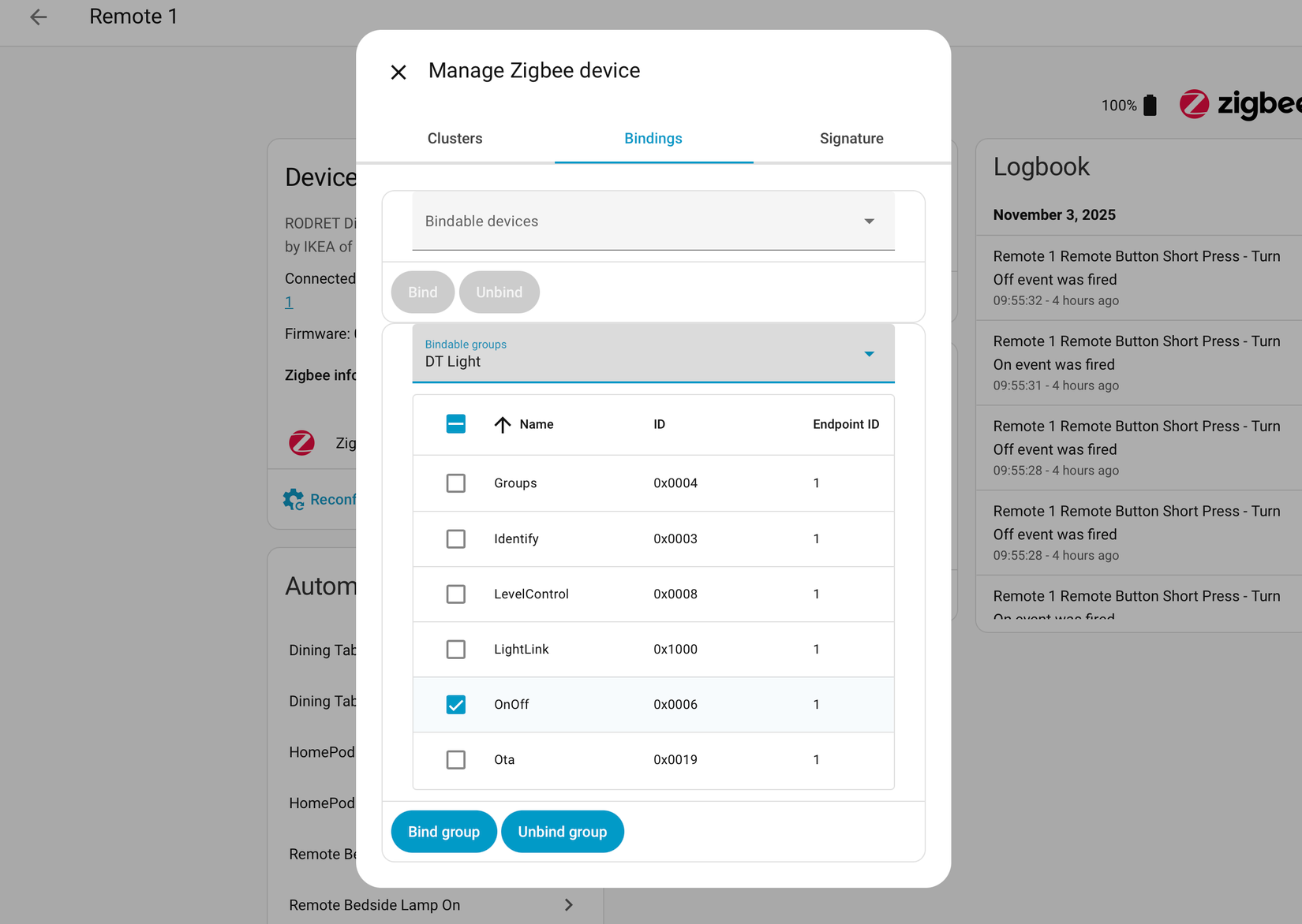 Binding a Rodret remote to a Zigbee group with entities visible.