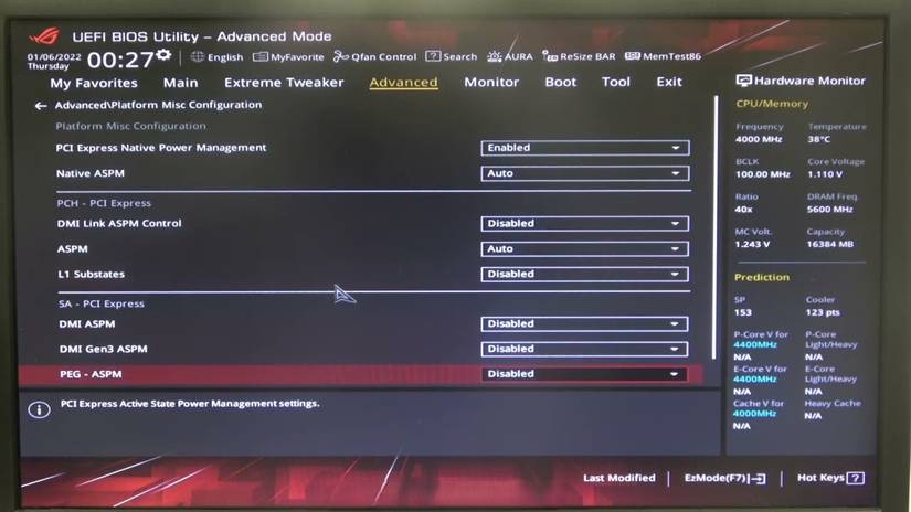 The ASPM setting in a BIOS.