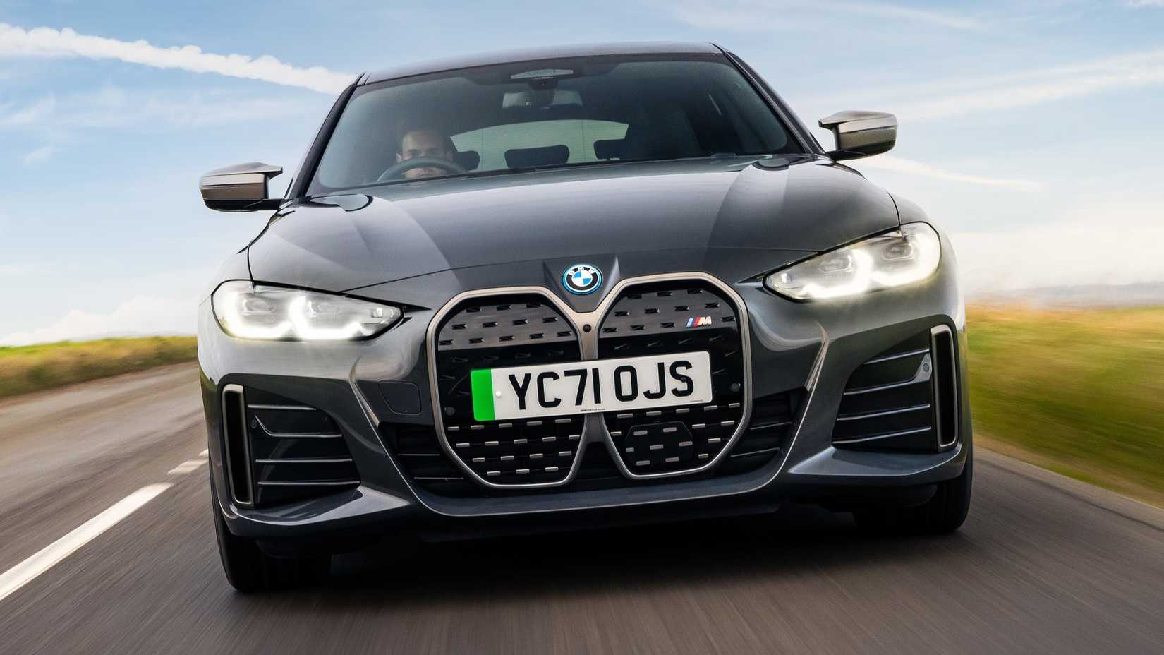 Head-on action shot of a 2022 BMW i4